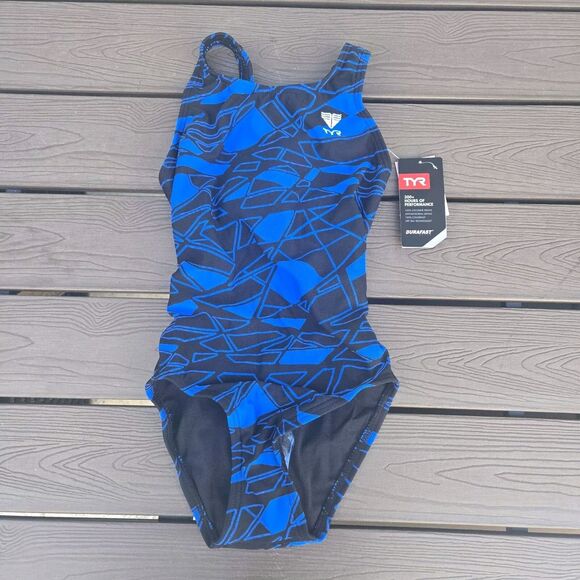 TYR Durafast Elite Mantova Maxfit 1pc Swimsuit Black Blue Youth Sz 24 New - Picture 1 of 3
